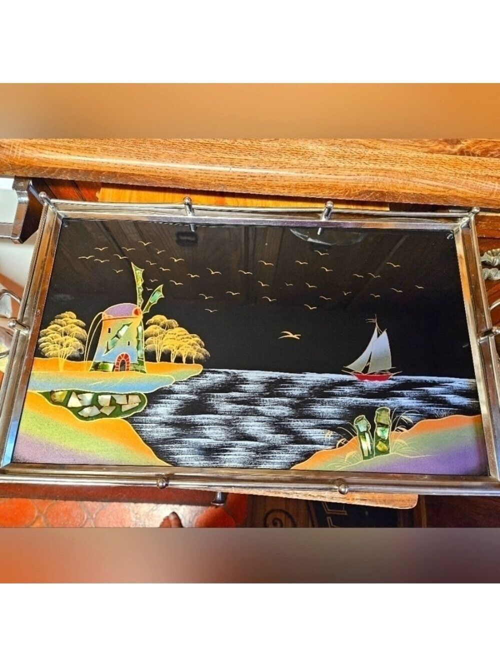 Vintage Possibly German Handpainted and Mother of Pearl Inlay Serving Tray